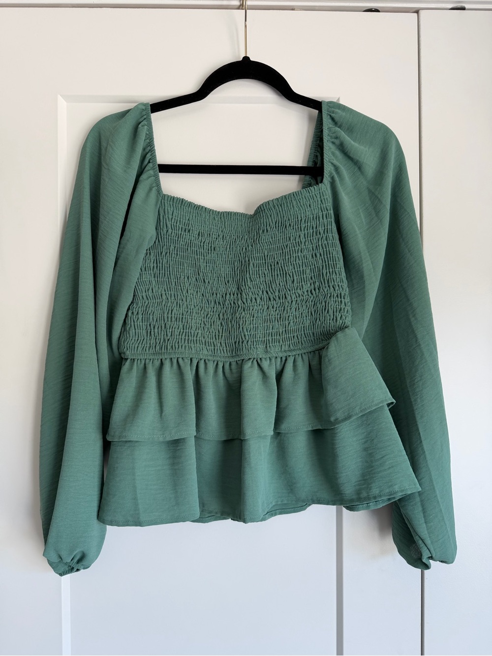 Altar'd State Green Smocked Square Neck Ruffle Peplum Blouse Long Sleeve Size M